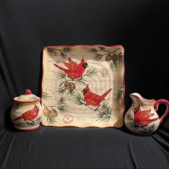 Maxcera “Warm Wishes” Plate/Creamer/Sugar Bowl Set - Seasons Greetings Cardinals - Picture 3 of 16